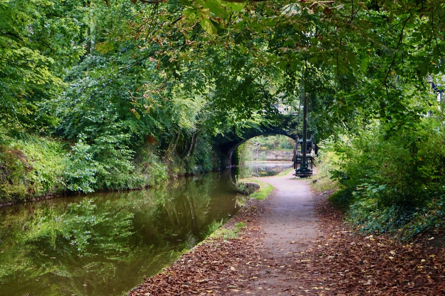 A towpath running alongside a Manchester canal, bordered by trees and water