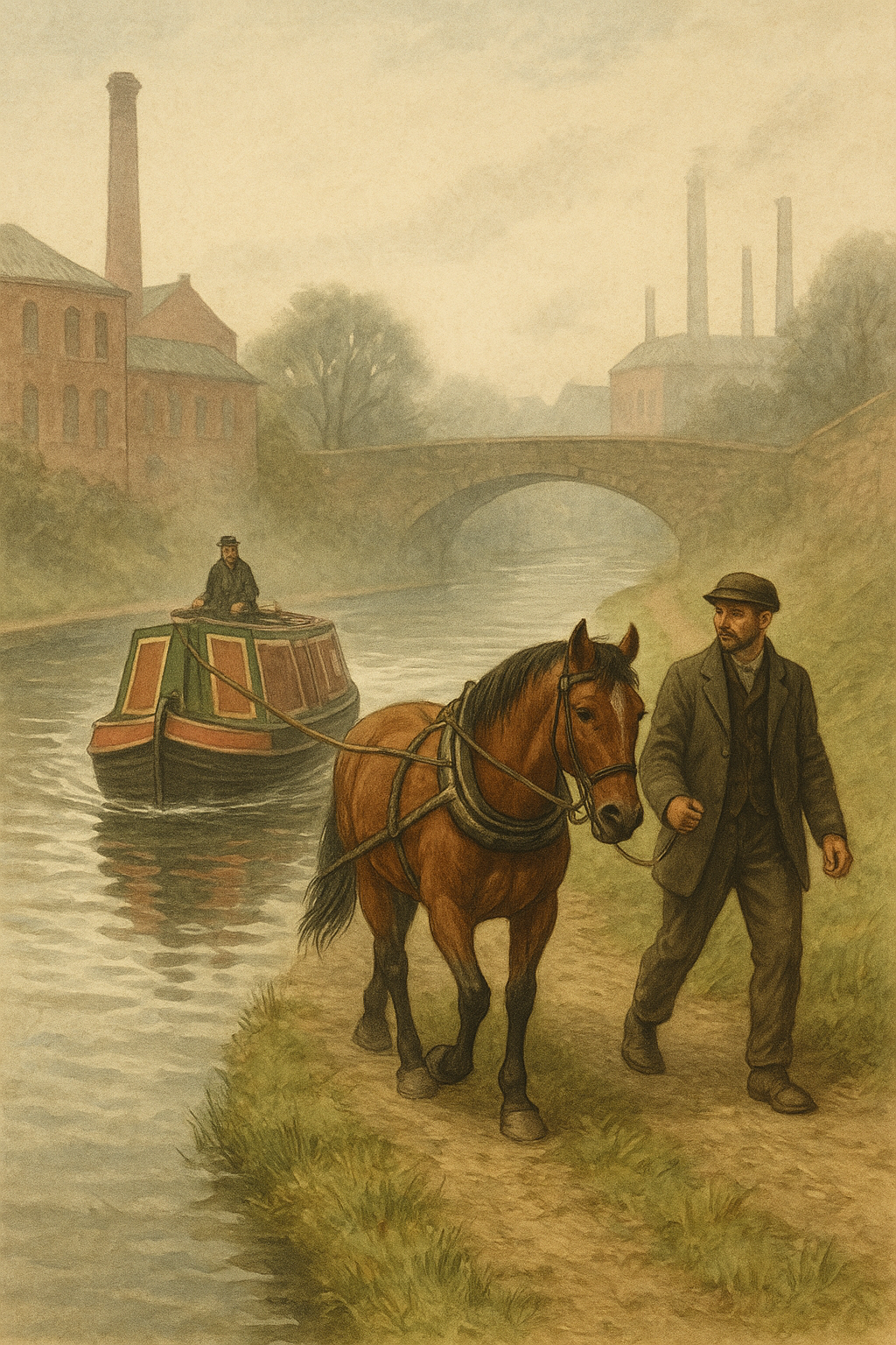 Illustration of a working horse towing a barge through a British canal