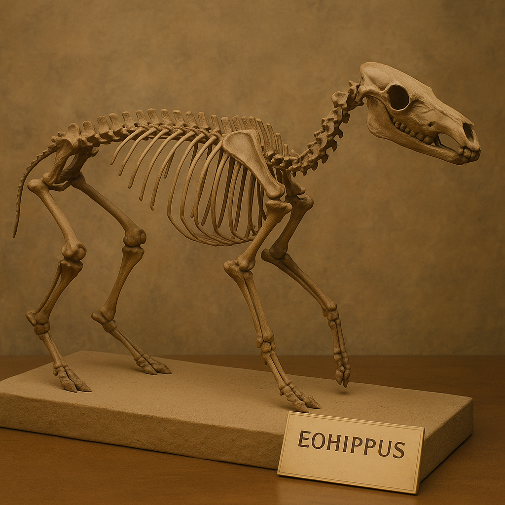 Fossilized skeleton of an Eohippus, a small horse ancestor, displayed on a stand in a museum setting