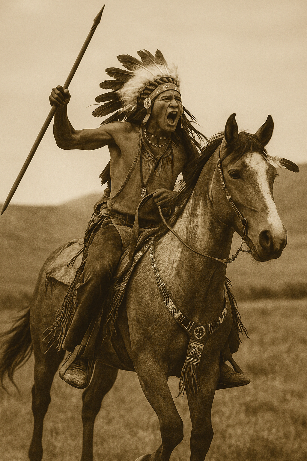A Native American man wearing a feathered headdress and traditional clothing, riding a horse and holding a spear