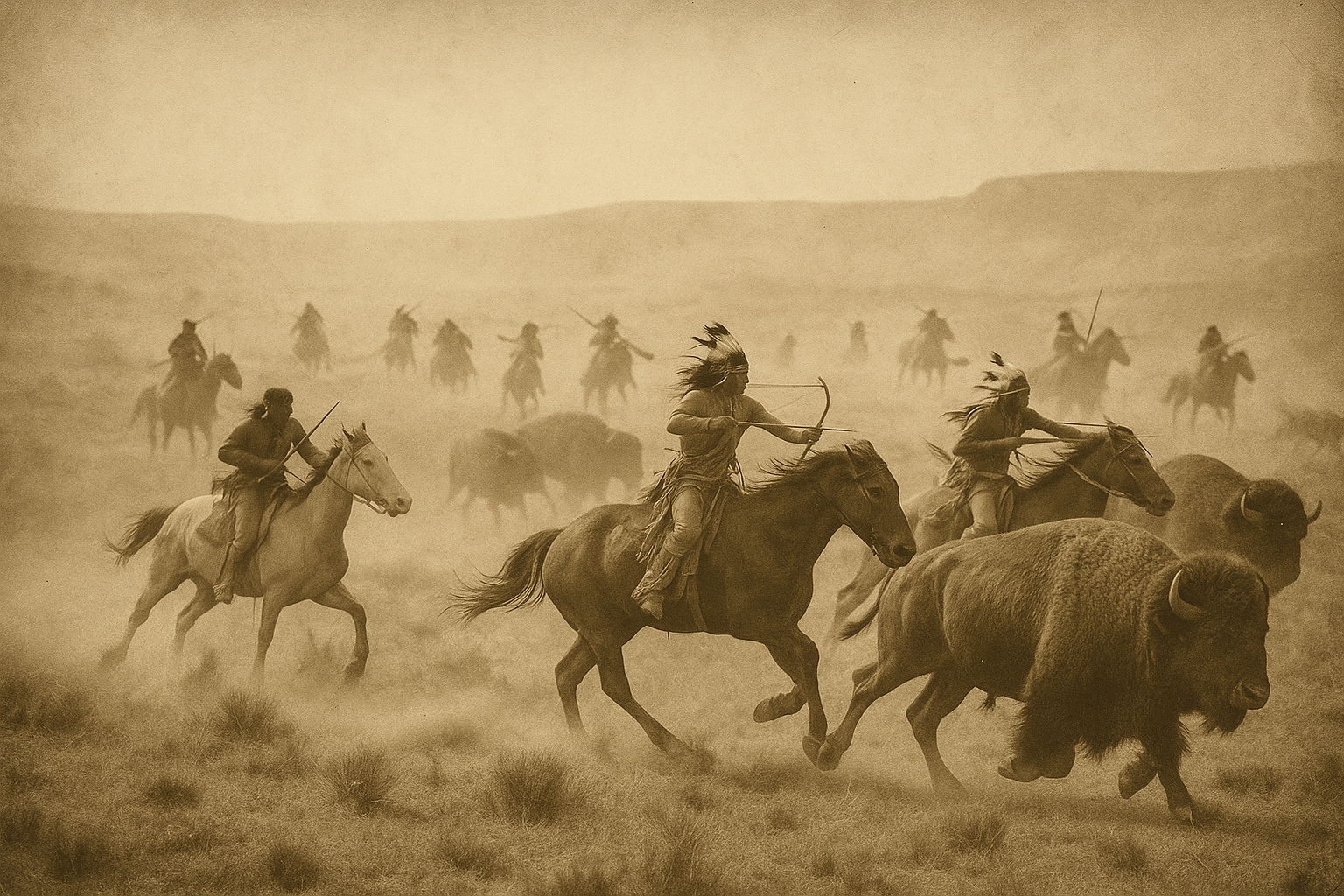 Native Americans on horseback chasing a buffalo across a dusty plains landscape