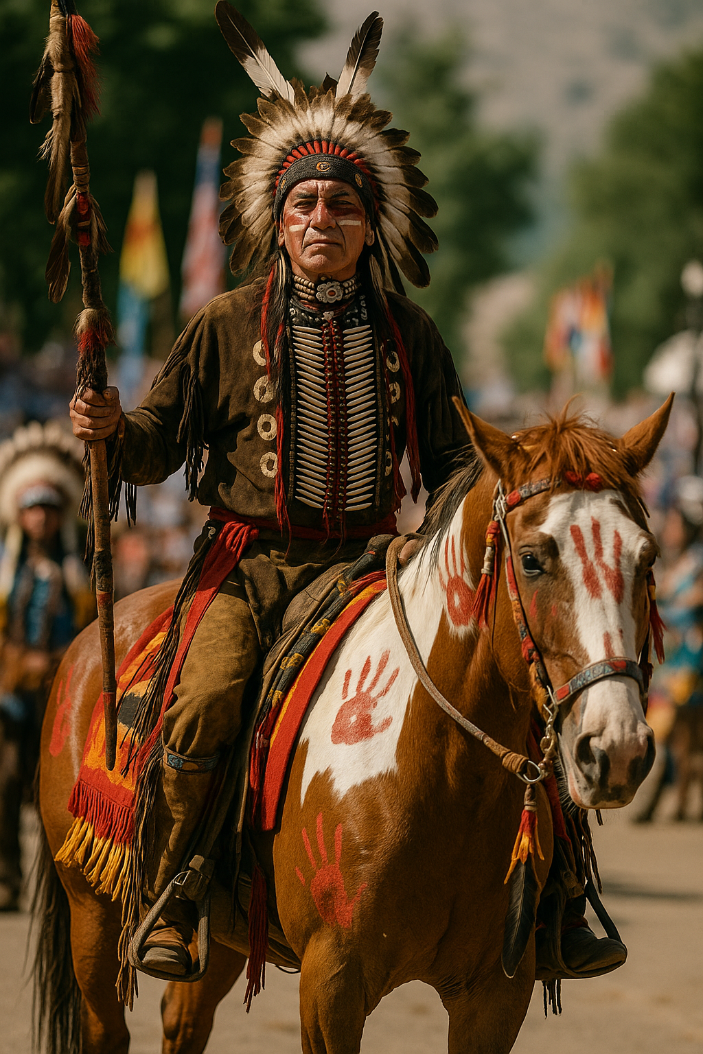 Native American man in a feather headdress riding a horse decorated with red handprints during a cultural event