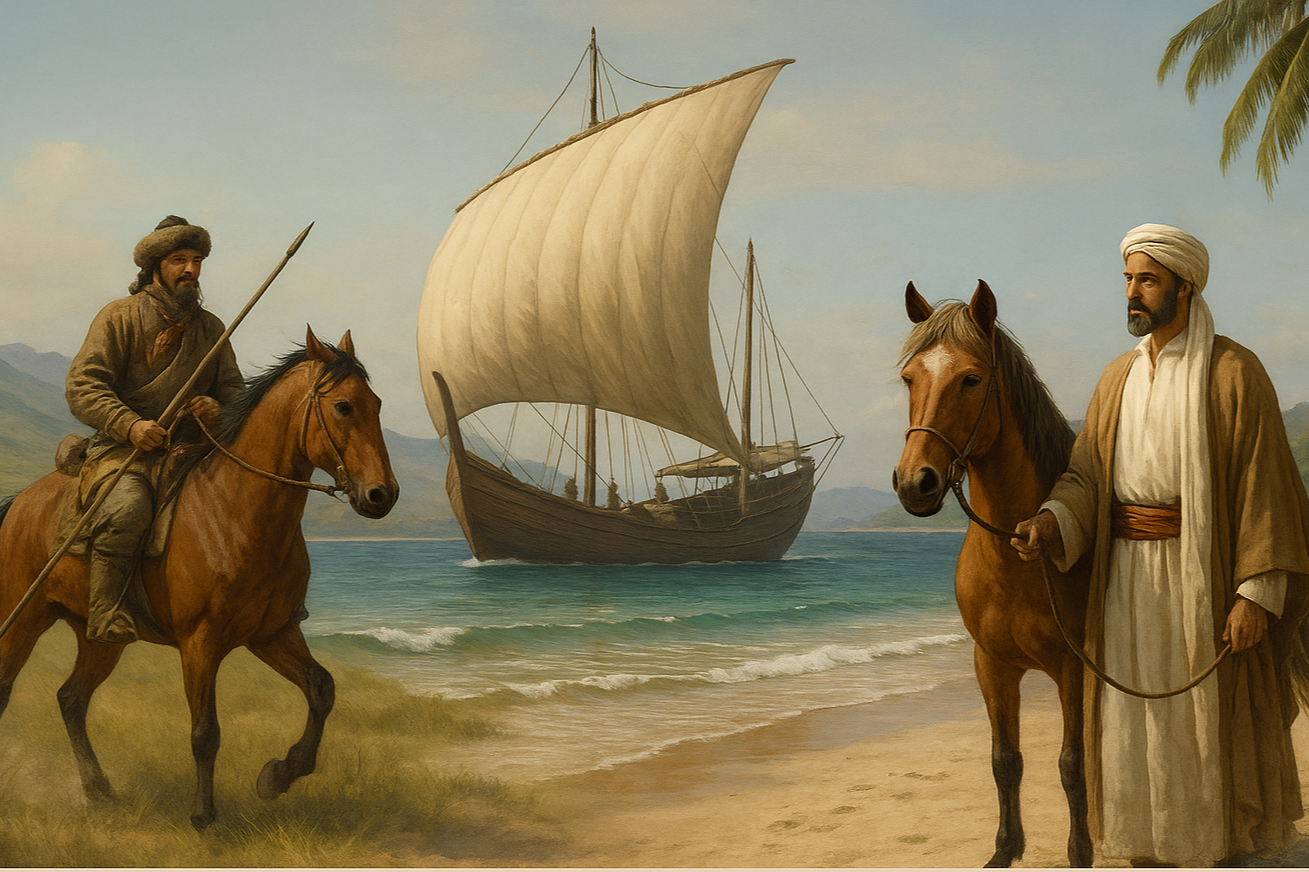 Historical illustration of Arabian and Mongolian sea traders, representing the origins of the Sandalwood Pony