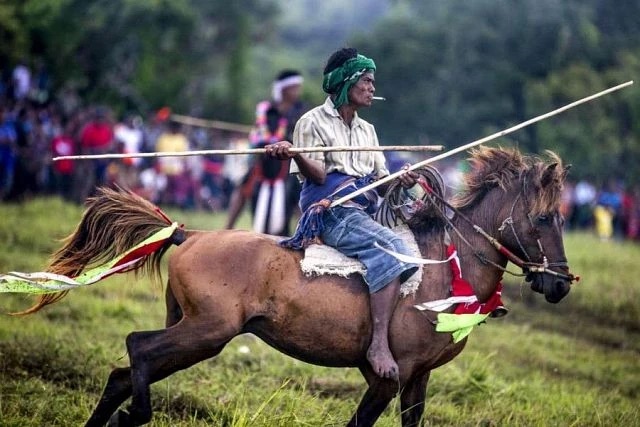 Group of Sumbanese riders on decorated ponies at a traditional festival, Sumba Indonesia