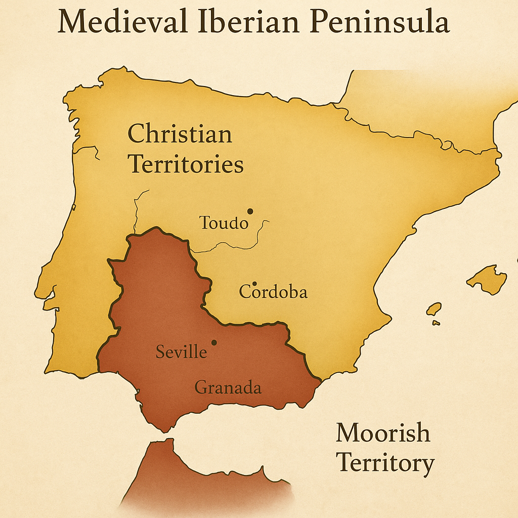 Map of the Medieval Iberian Peninsula showing Christian territories in yellow and Moorish territory in brown, with key cities marked