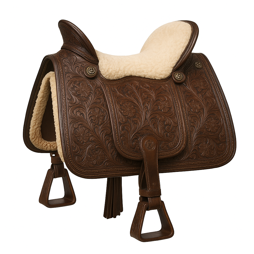 Ornate Western-style leather horse saddle with elaborate floral engravings and padded seat against a white background