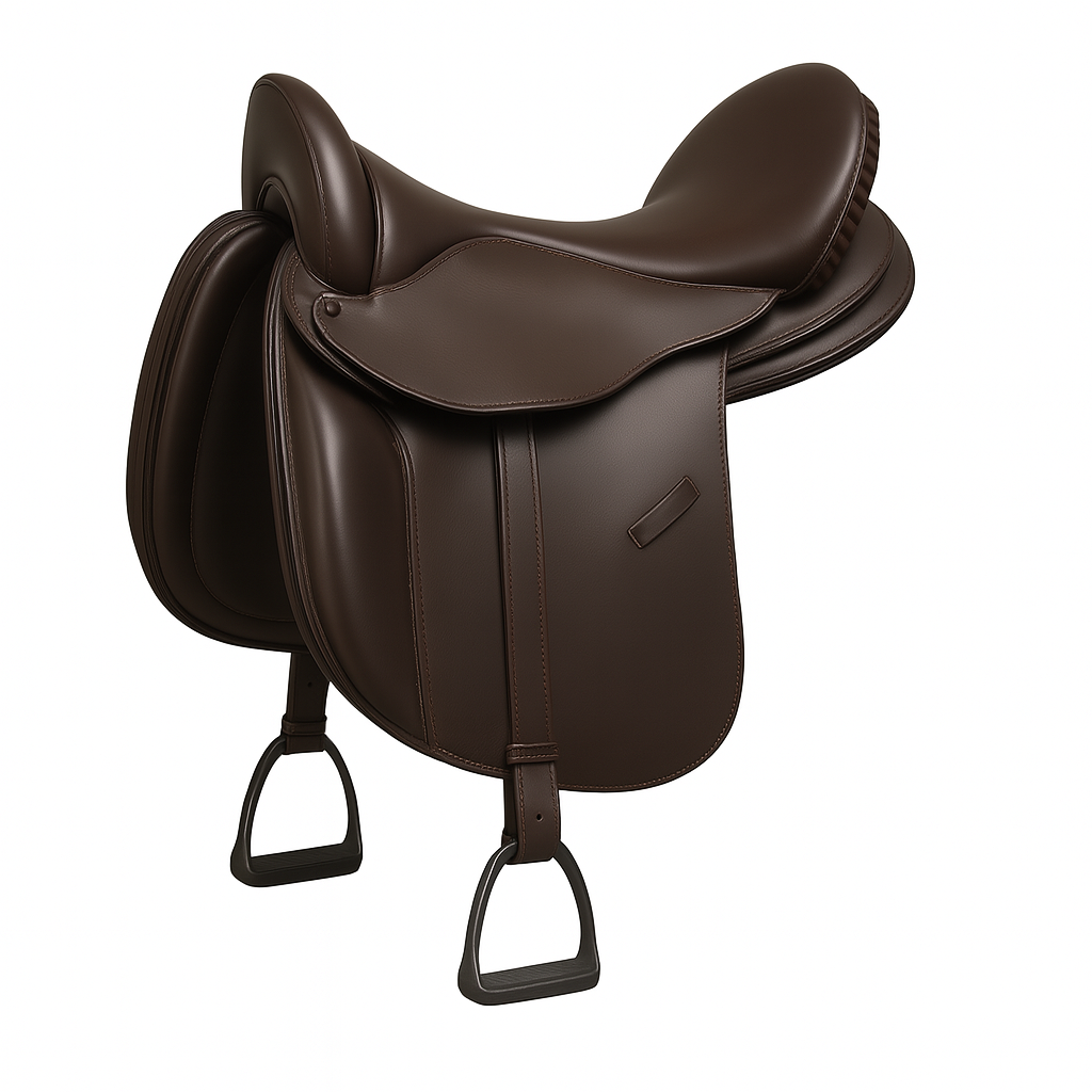 Brown leather Silla Española de Alta Escuela — the classical dressage saddle of the Spanish Riding School